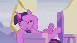 Size: 1280x720 | Tagged: safe, screencap, twilight sparkle, alicorn, pony, g4, the cutie re-mark, alternate timeline, chair, crystal war timeline, cute, female, reclining, sitting, solo, throne, twiabetes, twilight sparkle (alicorn)