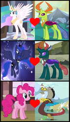 Size: 1232x2160 | Tagged: safe, artist:3d4d, discord, pharynx, pinkie pie, princess celestia, princess luna, thorax, alicorn, changedling, changeling, draconequus, earth pony, pony, g4, crack shipping, female, king thorax, lunarynx, male, prince pharynx, ship:discopie, shipping, shipping domino, straight, thoralestia