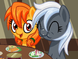 Size: 800x600 | Tagged: safe, artist:rangelost, oc, oc only, oc:autumn gold, oc:lucky smith, earth pony, pony, cyoa:d20 pony, bread, carrot, colored, crepuscular rays, cyoa, description is relevant, duo, eating, eyes closed, female, flower, food, food on face, hairband, herbivore, looking at you, mare, pixel art, plate, ponytail, sitting, smiling, story included, table