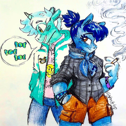 Size: 1071x1071 | Tagged: safe, artist:artflicker, blues, lyra heartstrings, noteworthy, anthro, g4, guyra, implied lesbian, implied lyrabon, implied shipping, melodyworth, rule 63, smoking