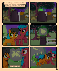 Size: 900x1080 | Tagged: safe, artist:lister-of-smeg, oc, oc:crosspatch, oc:lazybug, earth pony, pony, comic:zap-o-lantern, colt, comic, female, male, mare, trash can