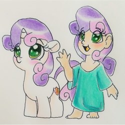 Size: 1003x1003 | Tagged: safe, artist:frootytoots, sweetie belle, human, pony, unicorn, g4, barefoot, blushing, colored pupils, cute, daaaaaaaaaaaw, diasweetes, feet, female, filly, human ponidox, humanized, self ponidox, weapons-grade cute