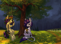Size: 3210x2324 | Tagged: safe, artist:koviry, oc, oc only, earth pony, pony, dappled sunlight, dark sky, duo, female, floral head wreath, flower, flower in hair, flower in mouth, high res, leonine tail, mare, mouth hold, scenery, sitting, swing, tree, under the tree