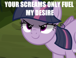 Size: 1337x1014 | Tagged: safe, edit, edited screencap, screencap, mean twilight sparkle, alicorn, pony, g4, the mean 6, clone, cropped, glowing horn, horn, image macro, lidded eyes, looking up, meme