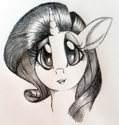 Size: 1295x1360 | Tagged: safe, artist:frootytoots, rarity, pony, unicorn, g4, bust, female, mare, monochrome, pencil drawing, solo, traditional art