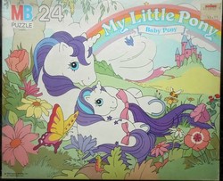 Size: 896x726 | Tagged: safe, edit, photographer:sweetbubbles, baby glory, glory, pony, g1, official, baby, baby pony, box, cute, irl, merchandise, milton bradley, photo, puzzle