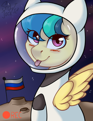 Size: 1181x1535 | Tagged: safe, artist:php97, oc, oc only, oc:apogee, pegasus, pony, astronaut, blushing, camera shot, female, flag, looking at you, mare, moon, recording, russia, russian flag, solo, space, spacesuit, tongue out
