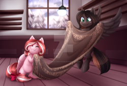 Size: 1024x694 | Tagged: safe, artist:scarlet-spectrum, oc, oc only, oc:cherry blossom, oc:netherweave, pegasus, pony, belly, blanket, chubby, commission, cute, digital art, duo, female, flying, happy, indoors, long tail, mare, ocbetes, present, smiling, spread wings, tail, watermark, wings
