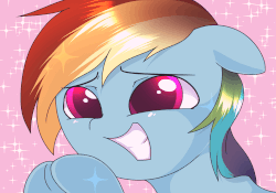 Size: 1000x700 | Tagged: safe, artist:asherspray, rainbow dash, pony, g4, animated, bust, cute, dashabetes, eye shimmer, female, floppy ears, gif, hooves together, mare, pink background, portrait, simple background, smiling, solo, sparkles