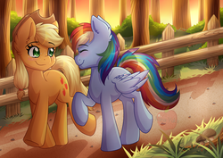 Size: 3507x2480 | Tagged: safe, artist:nana-yuka, applejack, rainbow dash, earth pony, pegasus, pony, g4, blushing, duo, eyes closed, female, freckles, grass, hat, high res, lesbian, looking at each other, mare, ship:appledash, shipping