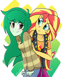 Size: 1718x2080 | Tagged: safe, artist:xan-gelx, sunset shimmer, wallflower blush, equestria girls, equestria girls series, forgotten friendship, g4, abstract background, blushing, duo, duo female, female, lesbian, petting, ship:wallset, shipping, simple background, smiling, white background