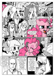 Size: 1380x1920 | Tagged: safe, artist:pencils, limestone pie, maud pie, pinkie pie, princess luna, oc, oc:anon, oc:mascara maroon, oc:moonglow twinkle, alicorn, bat pony, earth pony, human, pony, unicorn, comic:anon's pie adventure, g4, black and white, bow, butt, cave, clothes, comic, dialogue, dress, female, glasses, glowing eyes, grayscale, lidded eyes, manga, mare, monochrome, partial color, plot, ribbon, speech bubble, tail bow, tank top, thought bubble, underhoof