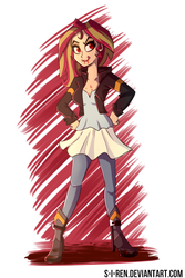 Size: 500x750 | Tagged: safe, artist:s-i-ren, sunset shimmer, vampire, equestria girls, g4, blood, fanfic art, red eyes, tongue out