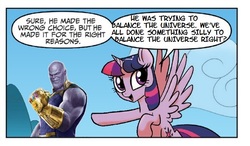 Size: 714x418 | Tagged: safe, idw, twilight sparkle, alicorn, pony, g4, spoiler:comic, avengers: infinity war, clothes, exploitable meme, gem, gloves, image macro, infinity gauntlet, meme, spoiler, spoilers for another series, thanos, twilight justifies evil meme, twilight sparkle (alicorn)