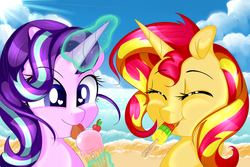 Size: 4500x3000 | Tagged: safe, artist:saralien, starlight glimmer, sunset shimmer, pony, unicorn, g4, beach, bust, cherry, cute, duo, eating, eyes closed, female, food, glimmerbetes, glowing horn, heart, heart eyes, horn, ice cream, licking, magic, mare, popsicle, portrait, shimmerbetes, sky, smiling, sun, telekinesis, tongue out, water, wingding eyes