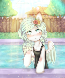 Size: 1825x2190 | Tagged: safe, artist:zefirka, oc, oc only, pegasus, pony, chest fluff, clothes, crepuscular rays, digital art, hair ornament, looking at you, one-piece swimsuit, raised hoof, solo, sunlight, swimming pool, swimsuit, wings