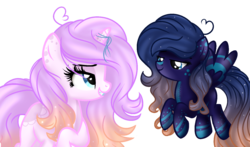 Size: 1530x899 | Tagged: safe, artist:xxmelody-scribblexx, oc, oc only, oc:amethyst flame, oc:moonrise stars, pegasus, pony, unicorn, female, mare, simple background, transparent background