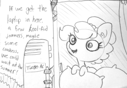 Size: 1255x873 | Tagged: safe, artist:tjpones, oc, oc only, oc:brownie bun, earth pony, pony, horse wife, black and white, dialogue, female, grayscale, lineart, mare, monochrome, pillow, simple background, solo, traditional art, white background