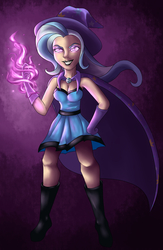 Size: 1465x2244 | Tagged: safe, artist:veronica29pl, trixie, human, g4, boots, cape, clothes, female, gloves, hat, humanized, looking at you, magic, shoes, solo, trixie's cape, trixie's hat