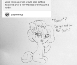 Size: 1701x1440 | Tagged: safe, artist:tjpones, oc, oc only, oc:brownie bun, earth pony, pony, horse wife, ask, chest fluff, dialogue, ear fluff, female, lineart, mare, open mouth, pearl, solo, traditional art, tumblr