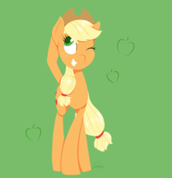 Size: 1178x1219 | Tagged: safe, artist:imaplatypus, part of a set, applejack, earth pony, pony, g4, cutie mark background, female, green background, looking away, looking up, mare, one eye closed, simple background, smiling, solo, standing