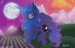 Size: 3500x2250 | Tagged: safe, artist:darkest-lunar-flower, princess luna, alicorn, pony, g4, blushing, chest fluff, commission, eyelashes, eyeshadow, female, flying, high res, lidded eyes, magic, magic aura, makeup, mare, moon, mountain, solo, wings