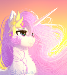 Size: 1024x1153 | Tagged: safe, artist:thenightdarksecret, princess celestia, alicorn, pony, g4, bust, female, flower, flower in hair, fluffy, pink-mane celestia, signature, solo, sunset