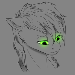 Size: 2500x2500 | Tagged: safe, artist:mymysteriouspony, oc, oc only, oc:white night, pony, bust, glowing eyes, green eyes, head, high res, looking down, male, monochrome, sketch, solo