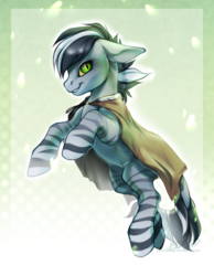 Size: 716x922 | Tagged: safe, artist:rrusha, oc, oc only, oc:marack, pony, zebra, abstract background, cape, clothes, male, rearing, slit pupils, solo
