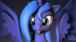 Size: 4088x2300 | Tagged: safe, artist:flushthebatsanta, princess luna, alicorn, pony, g4, 3d, :p, cute, digital art, female, looking at you, lunabetes, mare, s1 luna, silly, silly pony, simple background, solo, source filmmaker, tongue out