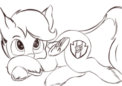 Size: 4093x2894 | Tagged: safe, artist:greed, scootaloo, pegasus, pony, g4, cloven hooves, cute, cutealoo, digital art, leonine tail, lineart, looking at you, lying down, monochrome, sketch, unshorn fetlocks