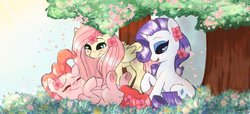 Size: 992x452 | Tagged: safe, artist:ponycide, fluttershy, pinkie pie, rarity, earth pony, pegasus, pony, unicorn, g4, cute, female, flower, flower in hair, mare, on back, raised hoof, smiling, tree, trio