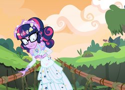Size: 1000x720 | Tagged: safe, artist:pixelkitties, sci-twi, twilight sparkle, human, equestria girls, g4, alternate hairstyle, beads, bracelet, clothes, dress, element of magic, flower, gem, glasses, indiana jones and the temple of doom, jewelry, necklace, wreath