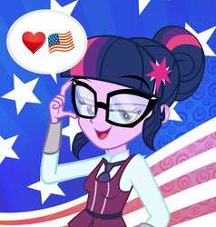 Size: 900x947 | Tagged: safe, artist:pixelkitties, sci-twi, twilight sparkle, human, equestria girls, g4, 4th of july, abstract background, american independence day, clothes, crystal prep academy uniform, emoji, female, flag, glasses, hairpin, holiday, open mouth, school uniform, solo, speech bubble