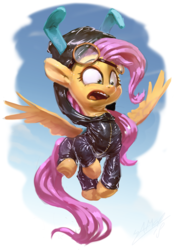 Size: 680x960 | Tagged: safe, artist:assasinmonkey, fluttershy, pegasus, pony, g4, bunny ears, clothes, costume, dangerous mission outfit, digital painting, female, flying, goggles, hoodie, latex, mare, open mouth, signature, simple background, sky, solo, spread wings, teeth, wings