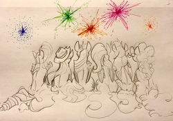 Size: 1280x903 | Tagged: safe, artist:greyscaleart, applejack, fluttershy, pinkie pie, rainbow dash, rarity, twilight sparkle, alicorn, earth pony, pegasus, pony, unicorn, g4, female, fireworks, mane six, mare, monochrome, partial color, rear view, sitting, traditional art, twilight sparkle (alicorn)