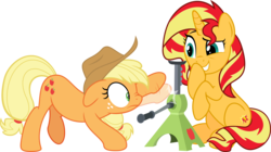 Size: 7045x3944 | Tagged: safe, artist:jhayarr23, applejack, sunset shimmer, pony, unicorn, driving miss shimmer, equestria girls, equestria girls series, g4, apple jack (tool), driving miss shimmer: applejack, equestria girls ponified, female, mare, ponified, pun, self ponidox, simple background, transparent background, vector, visual pun
