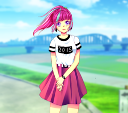 Size: 900x800 | Tagged: safe, artist:electricshine, sour sweet, equestria girls, g4, belt, bridge, clothes, cute, ear piercing, earring, female, freckles, jewelry, looking at you, moe, piercing, ponytail, shirt, skirt, solo, watch