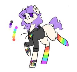 Size: 1700x1600 | Tagged: safe, artist:magicstar919, oc, oc only, oc:maxie (ice1517), earth pony, pony, bracelet, clothes, ear piercing, earring, female, freckles, gay pride flag, hoodie, jewelry, lgbt, mare, piercing, pride, rainbow socks, reference sheet, simple background, socks, solo, striped socks, white background, wristband