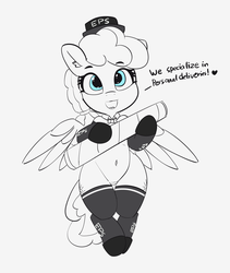 Size: 3588x4259 | Tagged: safe, artist:pabbley, sunny delivery, pony, g4, dialogue, female, mailmare, mare, monochrome, pubic mound, simple background, smiling, solo