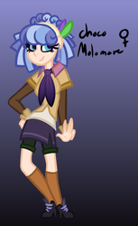 Size: 487x794 | Tagged: safe, artist:eppyminecart, oc, oc only, oc:choco molomare, human, icey-verse, blue background, clothes, female, gradient background, headband, high heels, humanized, humanized oc, magical lesbian spawn, necktie, next generation, offspring, parent:coco pommel, parent:suri polomare, parents:cocopolo, shirt, shoes, shorts, side slit, simple background, skirt, socks, solo