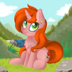 Size: 2000x2000 | Tagged: safe, artist:ciderpunk, oc, oc only, oc:debra rose, pony, unicorn, adorable face, cute, ear piercing, earring, high res, jewelry, lake, piercing, pine tree, tree