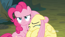 Size: 1920x1080 | Tagged: safe, edit, edited screencap, screencap, fluttershy, pinkie pie, earth pony, pegasus, pony, g4, season 8, the mean 6, angry, comforting, crying, discovery family, discovery family logo, female, glare, logo, mare, pinkie pie is not amused, protecting, unamused, when she doesn't smile