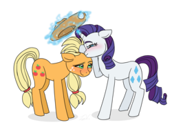 Size: 893x657 | Tagged: safe, artist:therandomtv, artist:verumtee, applejack, rarity, earth pony, pony, unicorn, g4, blushing, cute, female, freckles, lesbian, magic, mare, ship:rarijack, shipping, simple background, smiling, transparent background