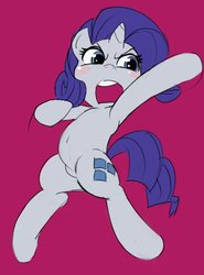 Size: 819x1107 | Tagged: safe, artist:baigak, rarity, pony, unicorn, g4, armpits, belly button, bipedal, blushing, female, mare, open mouth, red background, simple background, solo
