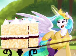 Size: 6750x5000 | Tagged: safe, artist:poecillia-gracilis19, princess celestia, principal celestia, pony, equestria girls, g4, absurd resolution, cake, cakelestia, clothes, equestria girls outfit, equestria girls ponified, female, food, glowing horn, horn, implied weight gain, magic, ponified, solo, telekinesis, this will end in weight gain