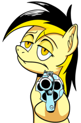 Size: 560x850 | Tagged: safe, artist:easydays, oc, oc only, oc:leslie fair, pony, delet this, gun, gun pointed at viewer, gunpoint, simple background, solo, transparent background, unamused, weapon