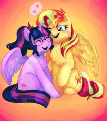 Size: 5008x5699 | Tagged: safe, artist:nichroniclesvsart, sci-twi, sunset shimmer, twilight sparkle, alicorn, pony, series:princess sciset, g4, absurd resolution, alicornified, equestria girls ponified, female, glasses, heart, lesbian, ponified, race swap, sci-twilicorn, shimmercorn, ship:sci-twishimmer, ship:sunsetsparkle, shipping, twilight sparkle (alicorn)