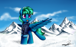 Size: 1600x1000 | Tagged: safe, artist:supermoix, oc, oc only, oc:moxie, pony, clothes, cloud, cute, female, hoodie, mountain, solo