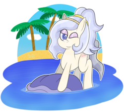 Size: 2200x2000 | Tagged: safe, artist:b-cacto, oc, oc only, oc:opalescent pearl, crystal pony, pony, beach, clam, giant clam, high res, jewelry, looking at you, one eye closed, palm tree, remastered, simple background, solo, transparent background, tree, water, wink